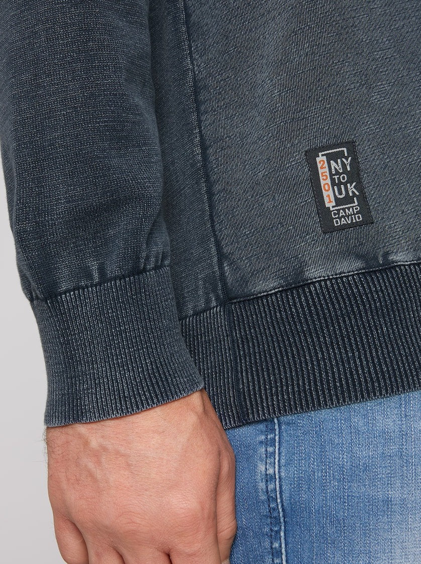 Blue Navy Stone Washed Material Mix Troyer Sweater - Effortless Cool Style