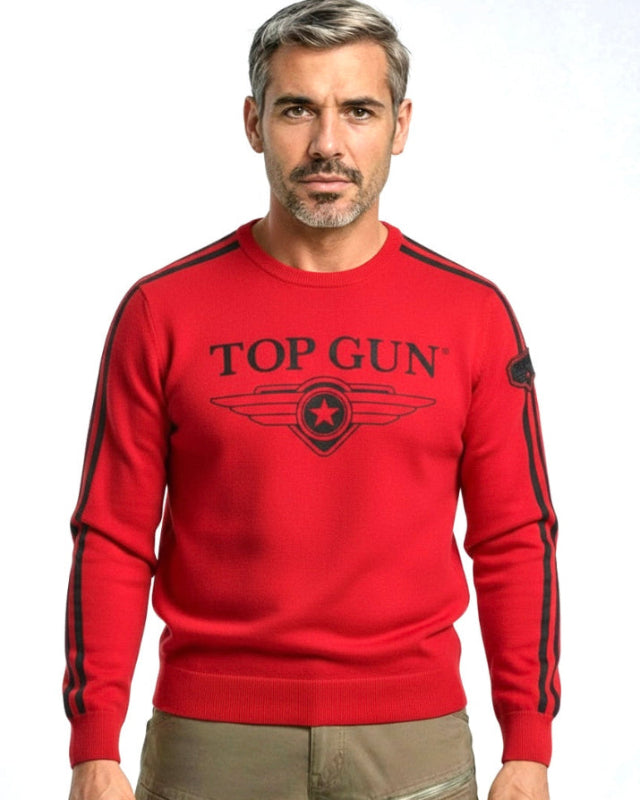 Crew neck sweater "Streak Logo" with patches, red