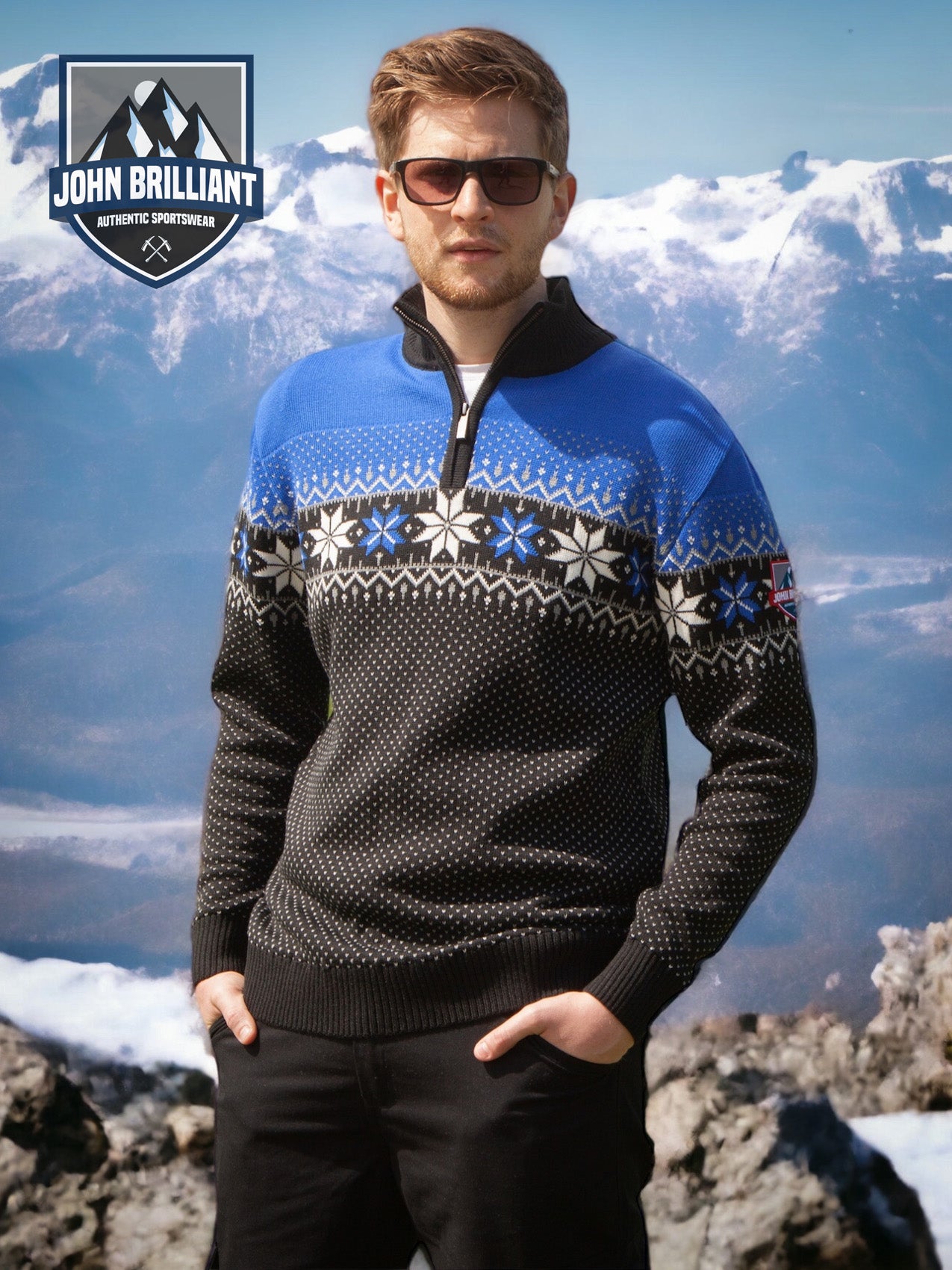 John Brillant Norwegian Mens Pullover Merino, blue & black