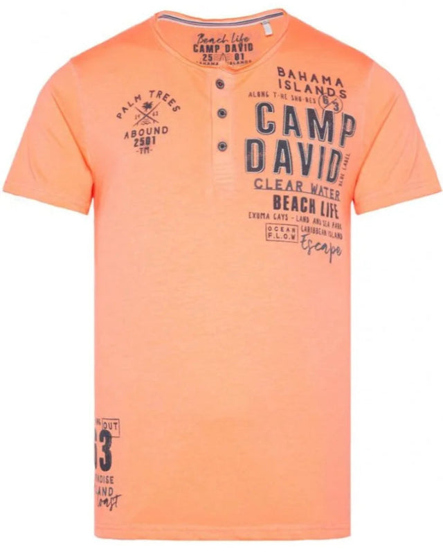 T-shirt Henley, rund hals med knappar, "Beach Life", Sunset Neon