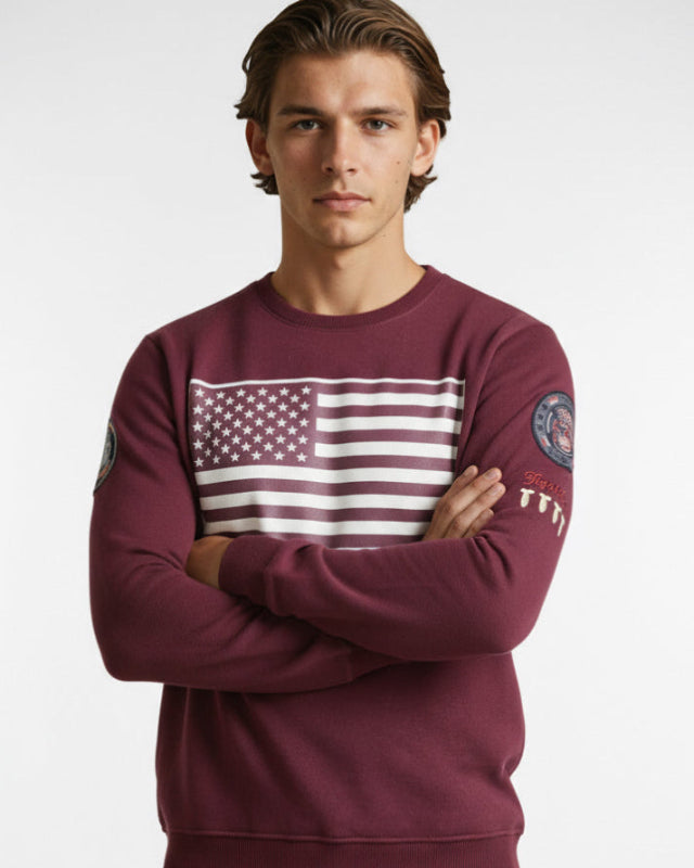 Top Gun Crew neck sweater with the text "US Flag" Bordeaux