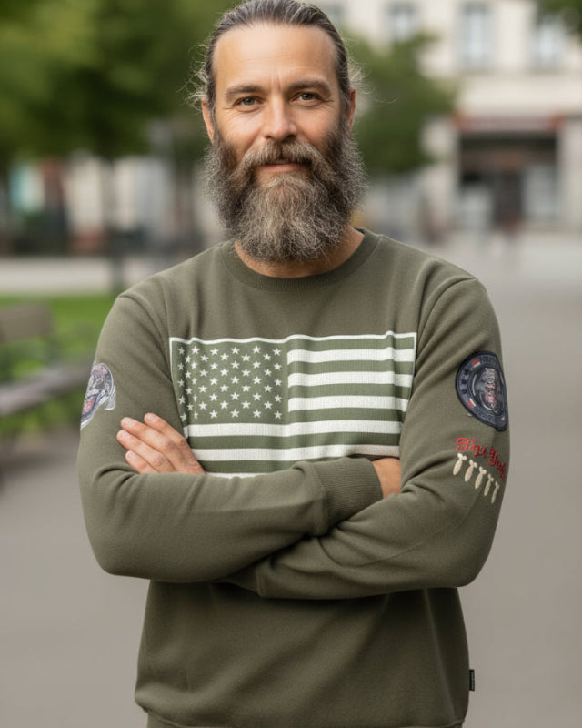Top Gun Crew neck sweater with the text "US Flag" in the army