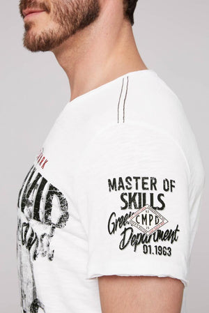 Optic White V-Neck T-Shirt: Master of Skills Photoprint in Used Look
