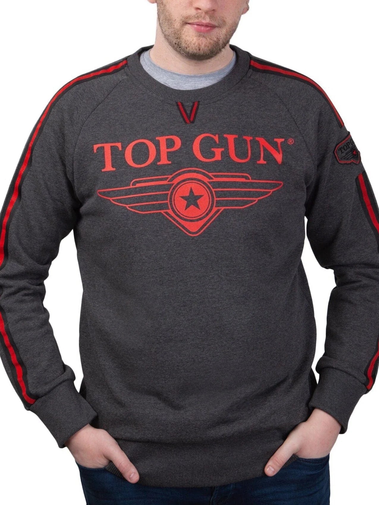Top GunCrew Neck Sweatshirt "Streak Logo" with Patches, Grey
