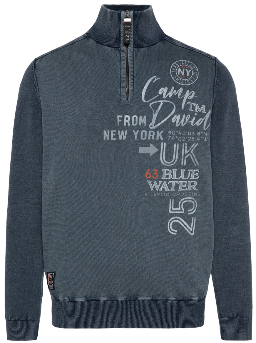 Blue Navy Stone Washed Material Mix Troyer Sweater - Effortless Cool Style