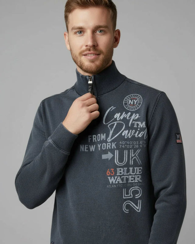 Blue Navy Stonewashed Troyer in Mixed Material - Relaxed Cool Style