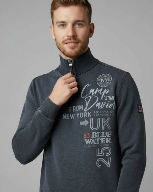 Blue Navy Stonewashed Troyer in Mixed Material - Relaxed Cool Style
