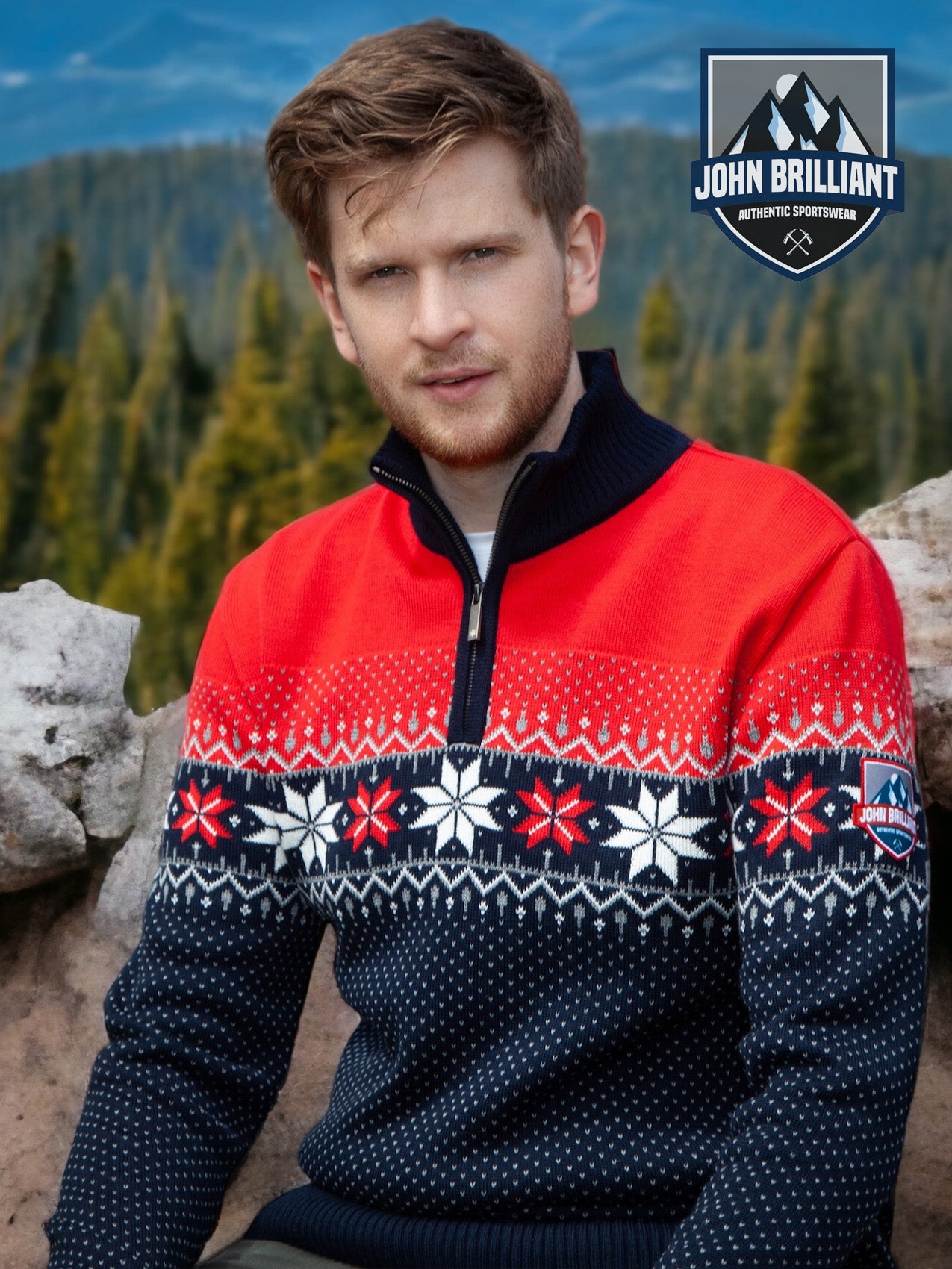 John Brillant Norwegian Mens Pullover Merino, red & blue