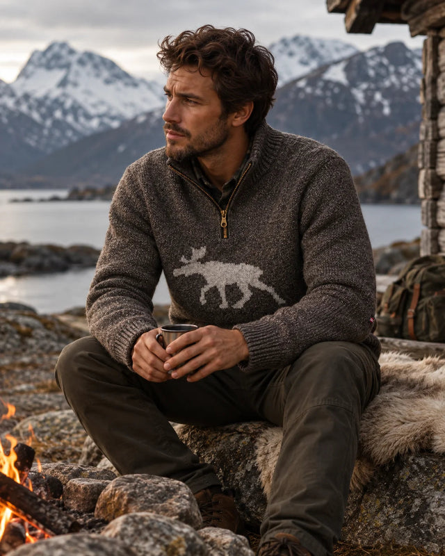 Norfinde Norwegian Wool Moose Sweater – Grey Half-Zip