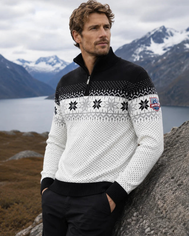 Norwegian Mens Pullover Merino Lusekofte, White/Black