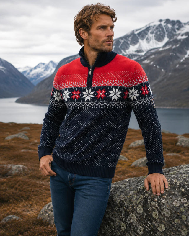 Norwegian Mens Pullover Merino Lusekofte, red/navy