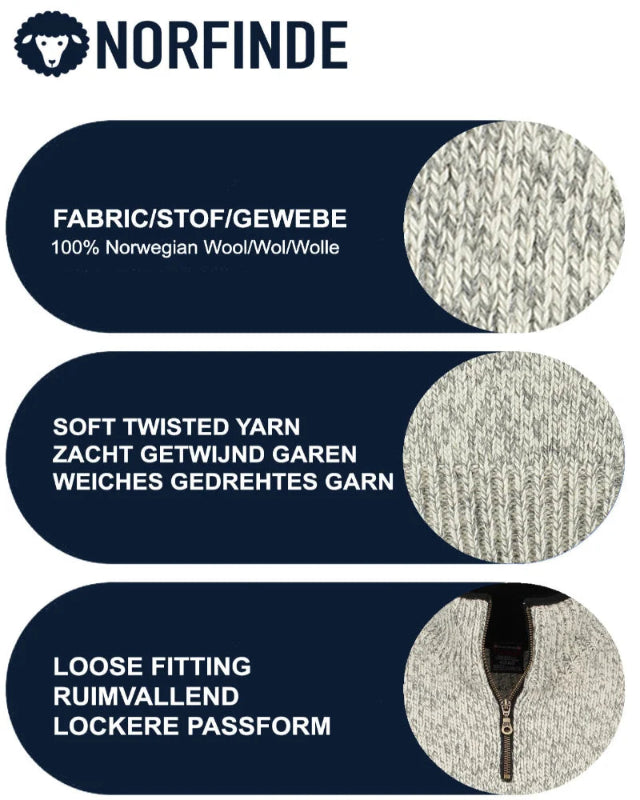 Norwegian zip-up sweater in 100% pure new wool, ecru/grijs