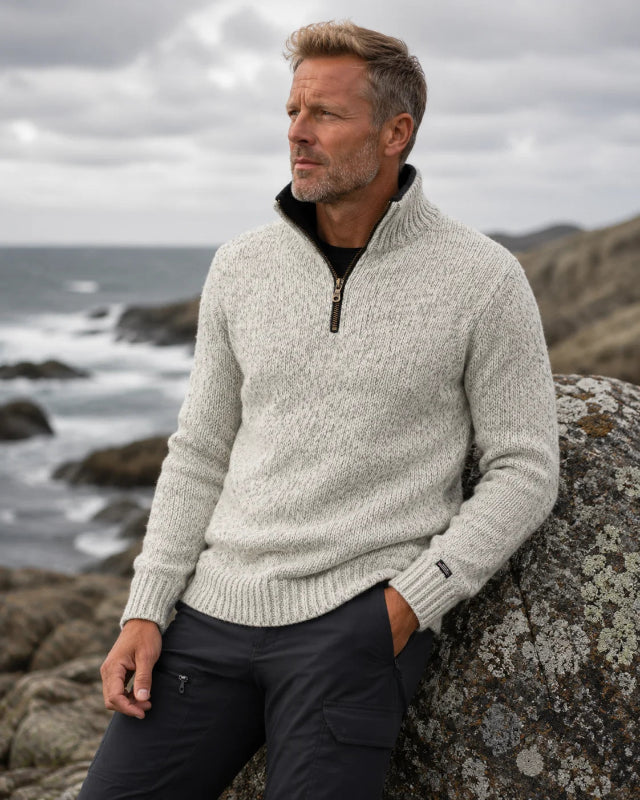 Norwegian zip-up sweater in 100% pure new wool, ecru/grijs