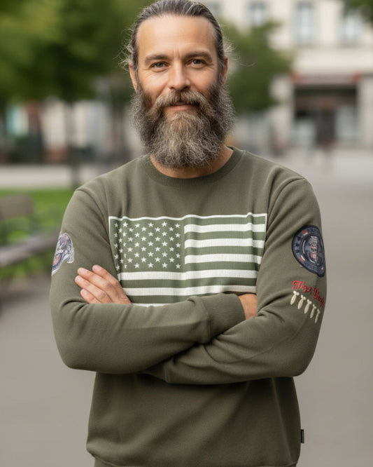Top Gun Crew neck sweater with the text "US Flag" in the army