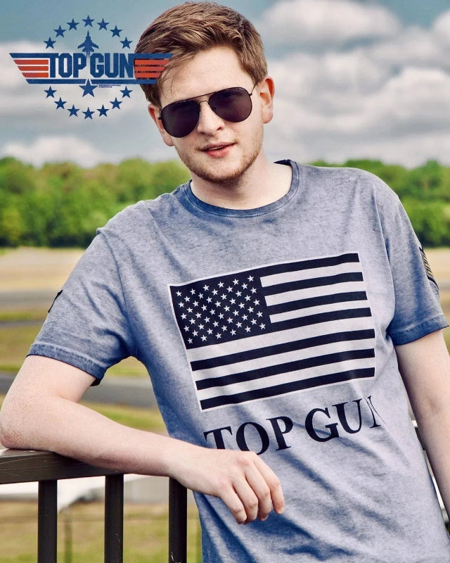 Top Gun Round-neck cotton T-shirt "US vintage Flag" Blench blue