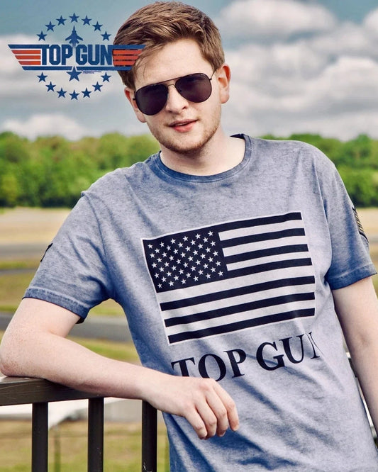Top Gun Round-neck cotton T-shirt "US vintage Flag" Blench blue