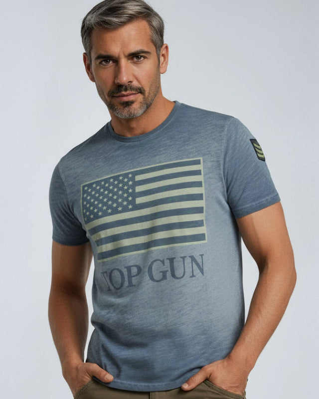 Top Gun Round-neck cotton T-shirt "US vintage Flag" Blue