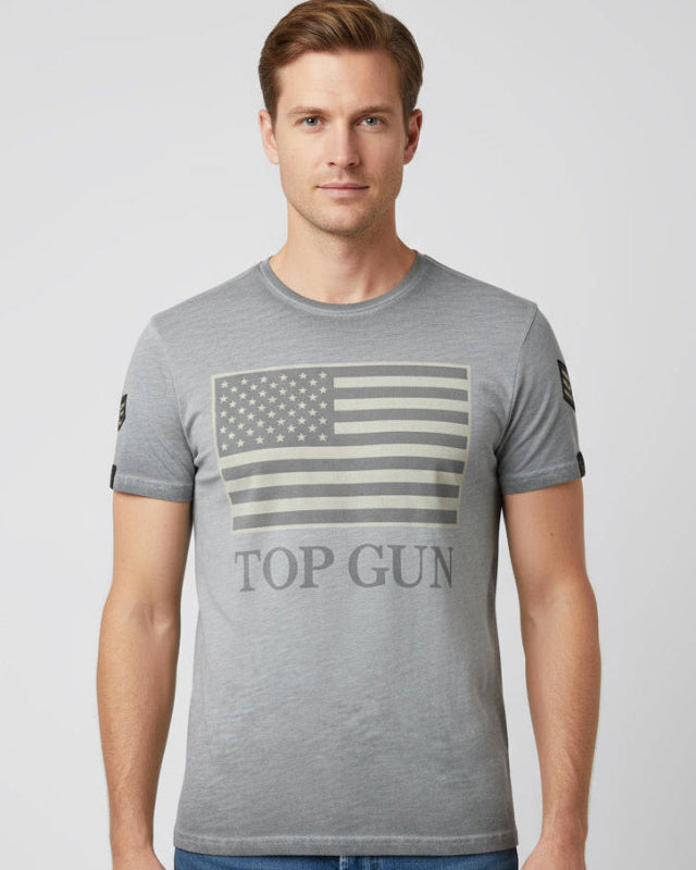 Top Gun Round-neck cotton T-shirt "US vintage Flag" Grey model