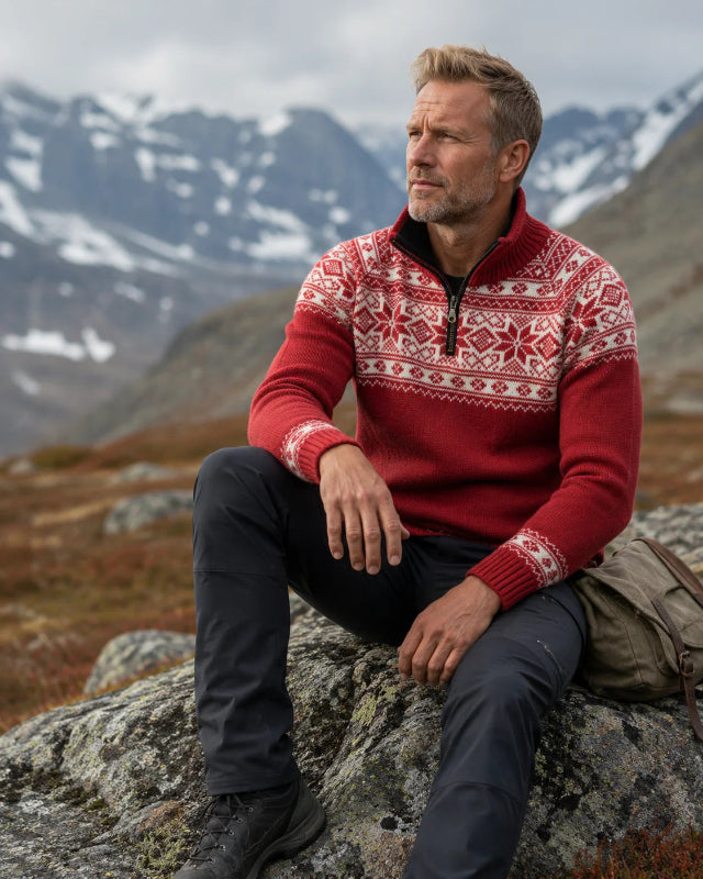 Norwegian sweater in Setesdals design made of 100% pure wool, Red