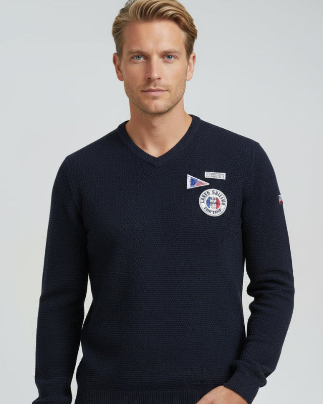 V-neck sweater with knitted pattern and patches, dark blue