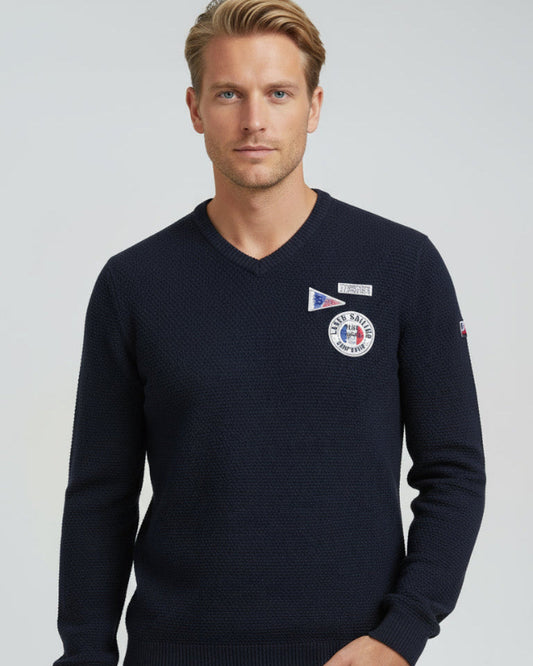 V-neck sweater with knitted pattern and patches, dark blue