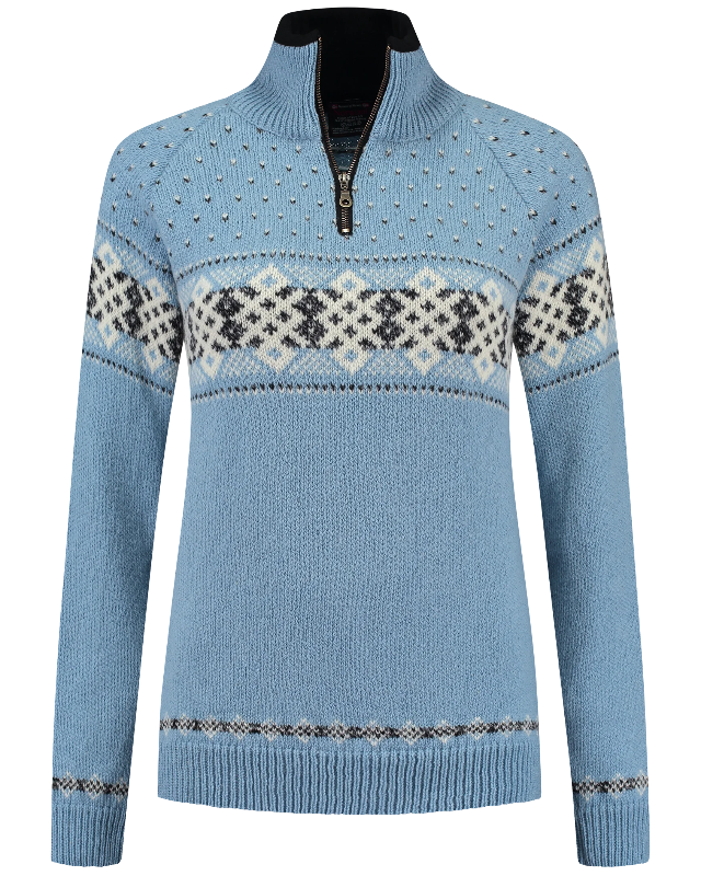 Womens Jumper with zip of 100% pure norwegian wool, blue