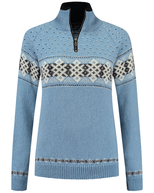 Womens Jumper with zip of 100% pure norwegian wool, blue