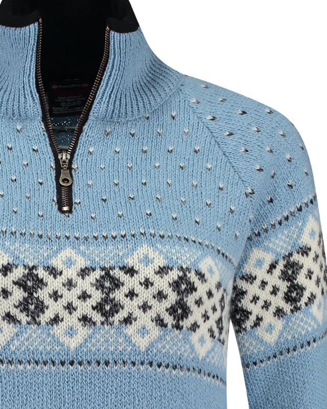 Womens Jumper with zip of 100% pure norwegian wool, blue
