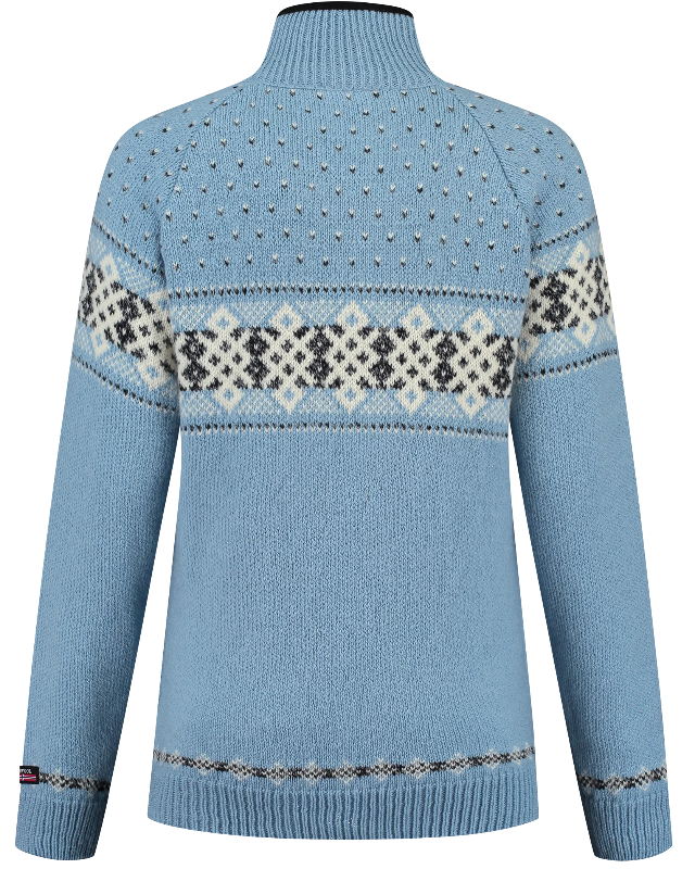 Womens Jumper with zip of 100% pure norwegian wool, blue