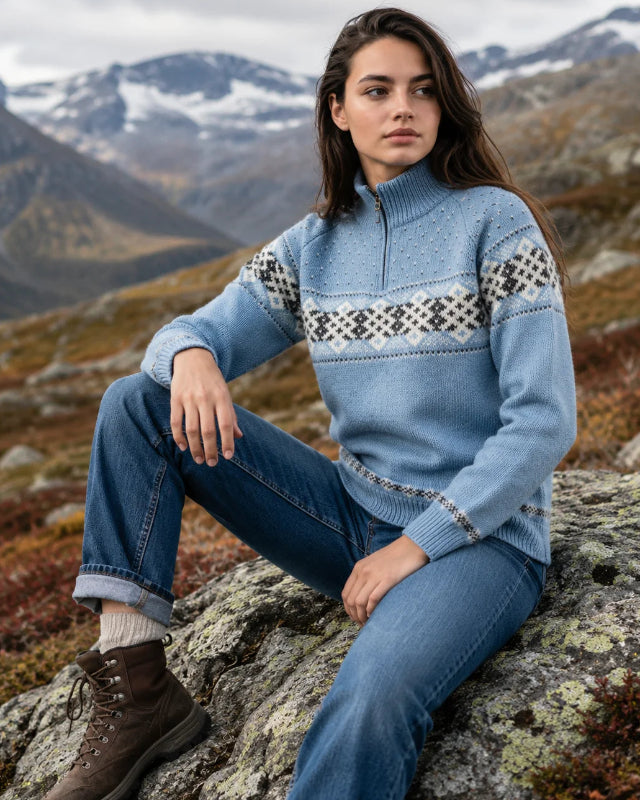 Womens Jumper with zip of 100% pure norwegian wool, blue