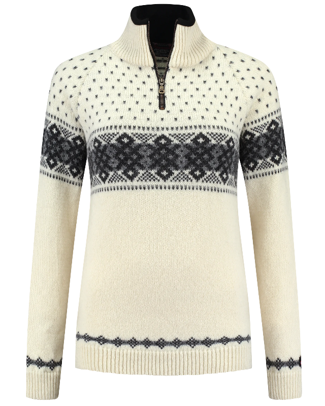 Womens Jumper with zip of 100% pure norwegian wool, off-white