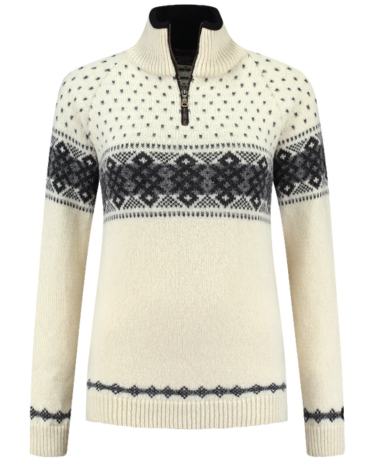Womens Jumper with zip of 100% pure norwegian wool, off-white