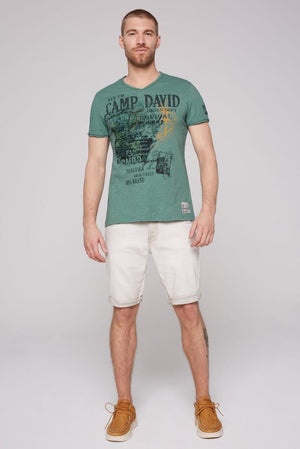 Camp David Camp David V-Neck T-Shirt with Prints and Embroidery in Deep Green