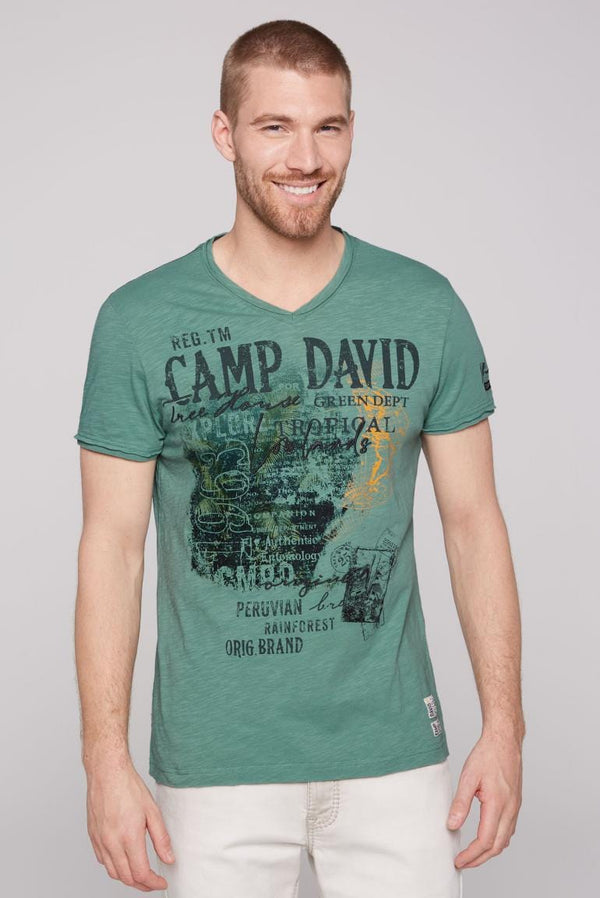 Camp David V-Neck T-Shirt with Prints and Embroidery in Deep Green -  Stateshop Fashion