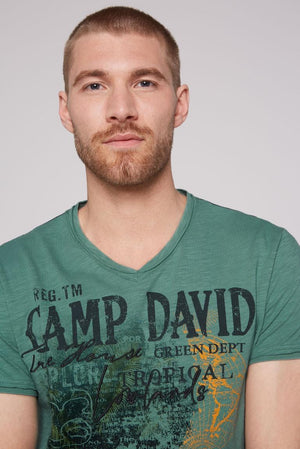 Camp David Camp David V-Neck T-Shirt with Prints and Embroidery in Deep Green