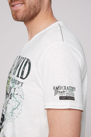 Camp David Camp David V-Neck T-Shirt with Prints and Embroidery in Ivory