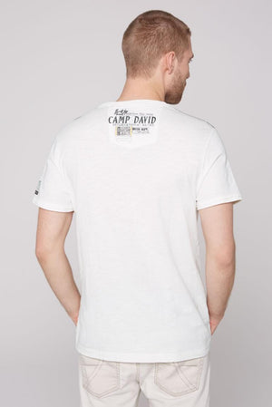 Camp David Camp David V-Neck T-Shirt with Prints and Embroidery in Ivory