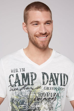 Camp David Camp David V-Neck T-Shirt with Prints and Embroidery in Ivory
