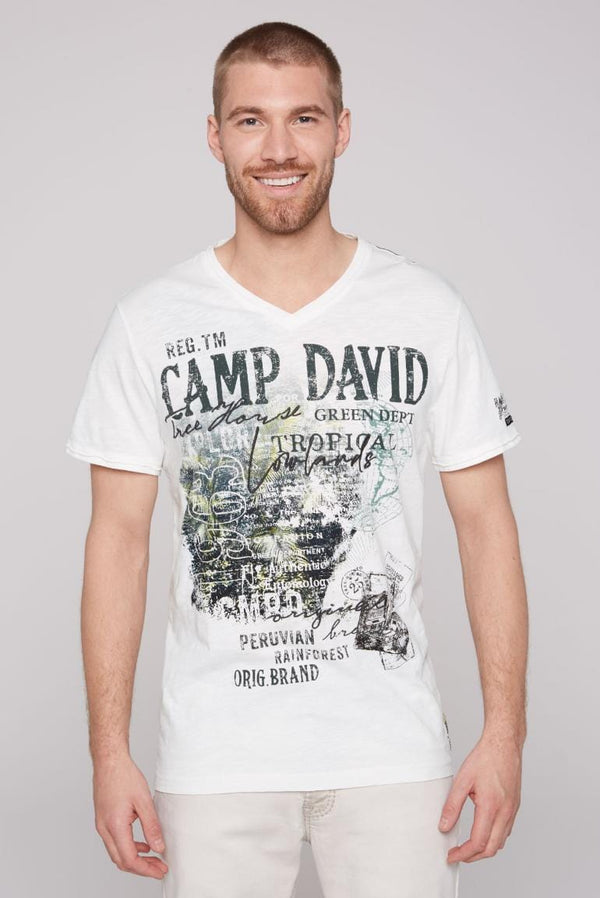 Camp David V-Neck T-Shirt with Prints and Embroidery in Ivory - Stateshop  Fashion
