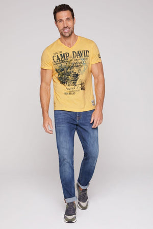 Camp David Camp David V-Neck T-Shirt with Prints and Embroidery in Mountain Yellow
