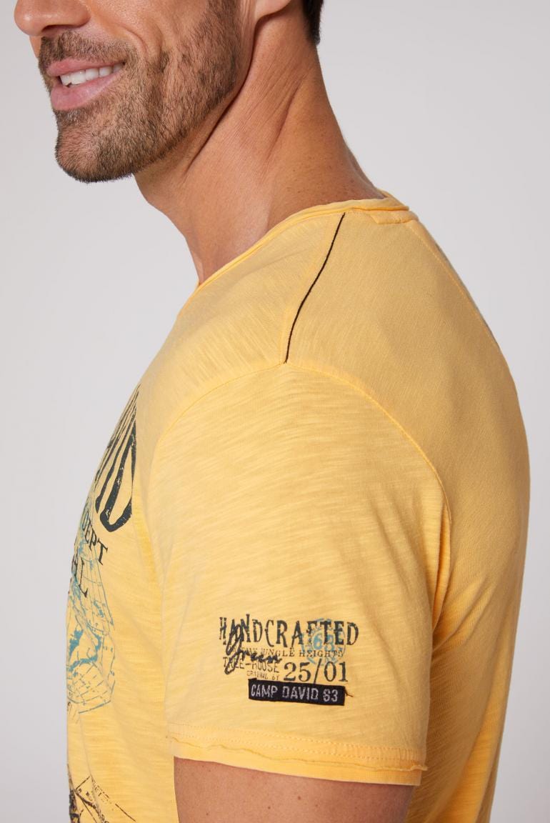 Camp David Camp David V-Neck T-Shirt with Prints and Embroidery in Mountain Yellow