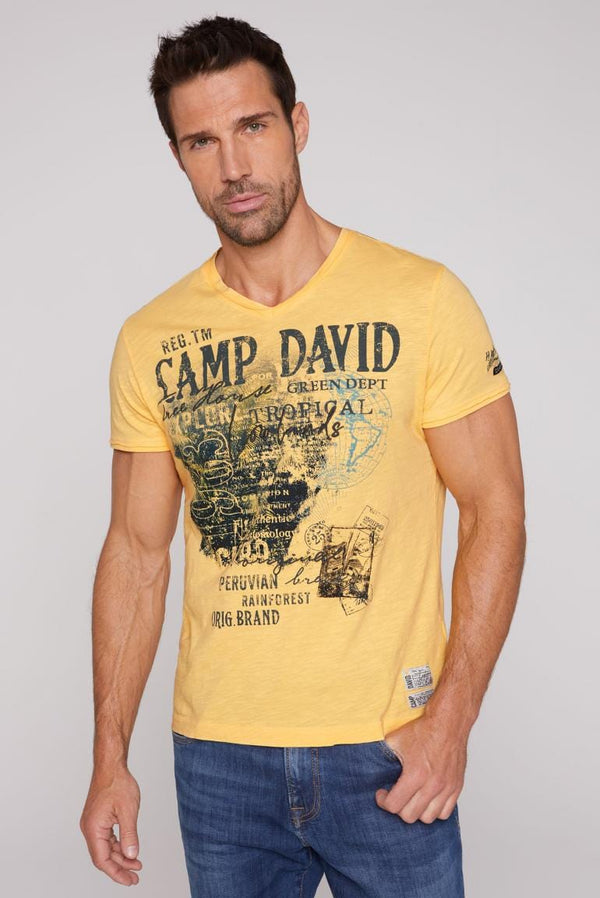Camp David V-Neck T-Shirt - Stateshop with Prints Fashion Embroidery in Yello Mountain and