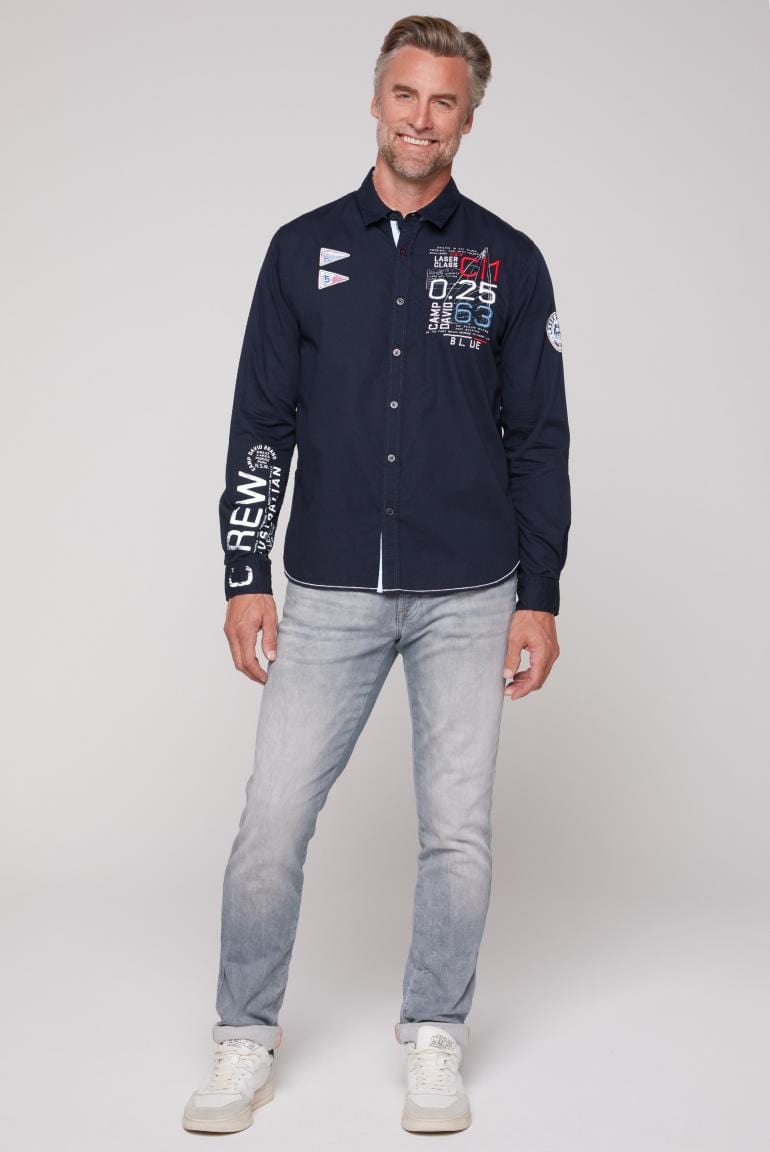 Camp David Long sleeve shirt with woven structure and artwork, dark blue