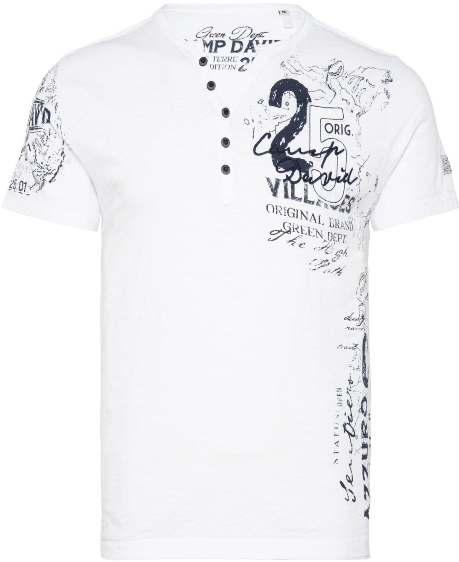 Camp David T-Shirt, button v-neck Chique Terre, optic white