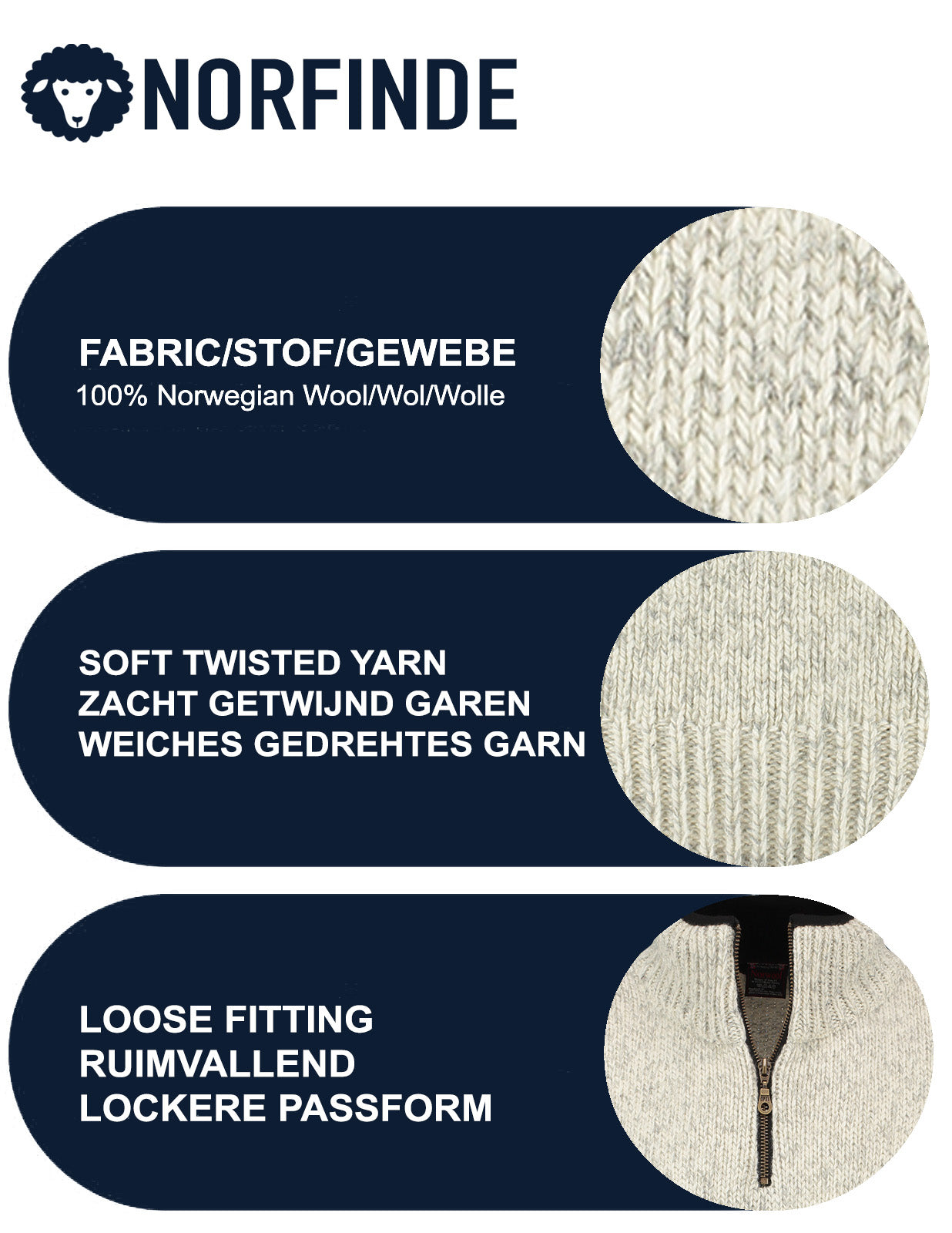 Norwegian zip-up sweater in 100% pure new wool