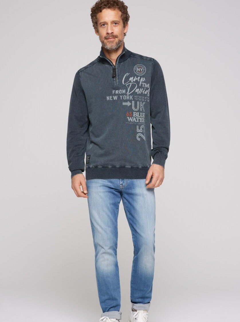 Blue Navy Stone Washed Material Mix Troyer Sweater - Effortless Cool Style