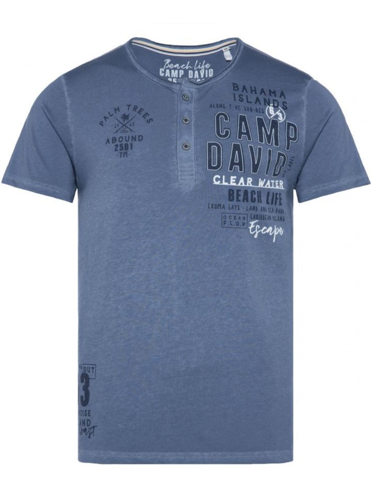 Camp David T-Shirt Henley, button round neck, "Beach Life", Surf Gre