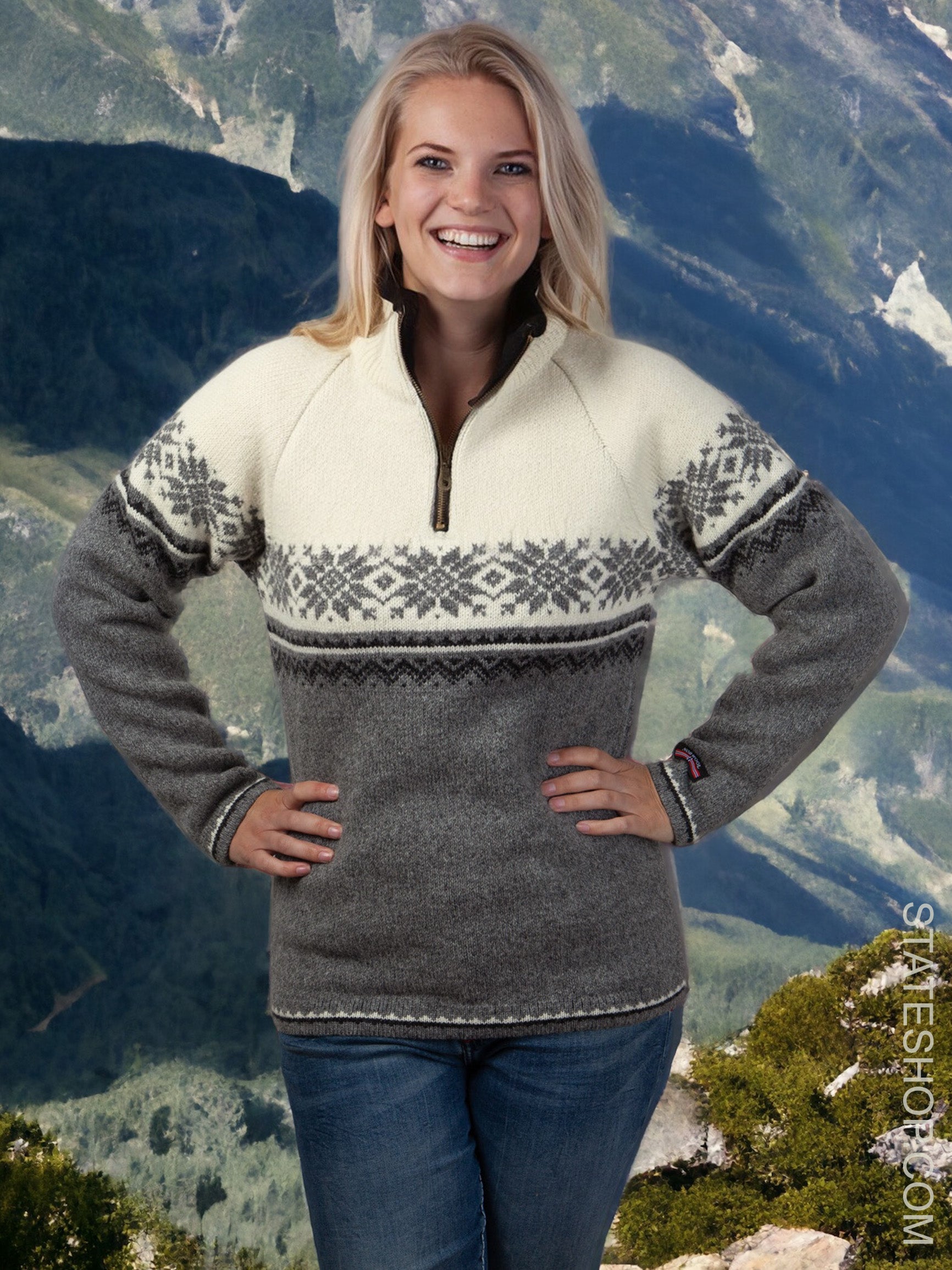 Pull femme norvégienne au design Setesdals, gris