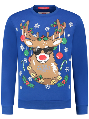 Festive Reindeer Blue Christmas Sweater