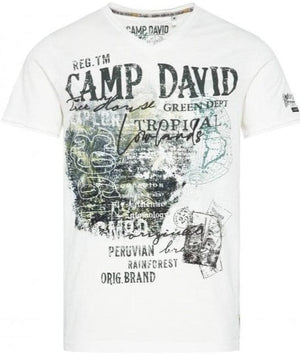 Camp David V-Neck T-Shirt with Prints and Embroidery in Ivory - Stateshop  Fashion
